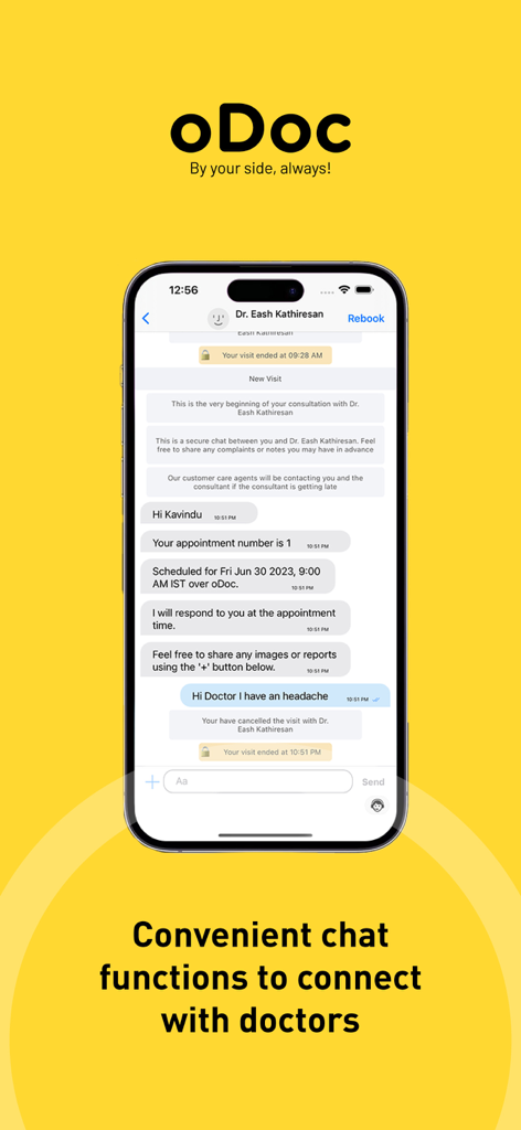 Smartphone screen showing the oDoc app chat feature for connecting with doctors