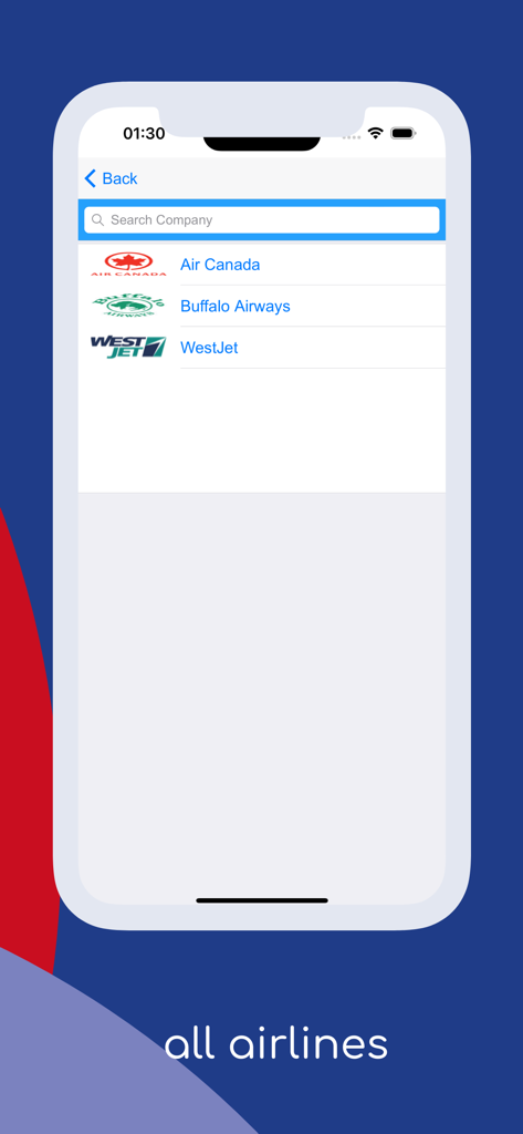 C.A.T: Canada Air Sky Tracker - Mobile app screen showing a search bar and a list of Canadian airlines including Air Canada, Buffalo Airways, and WestJet
