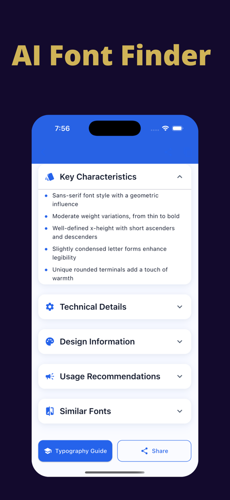 Eine mobile Benutzeroberfläche der Font Identifier App, die wichtige Merkmale und technische Details einer erkannten serifenlosen Schriftart anzeigt.