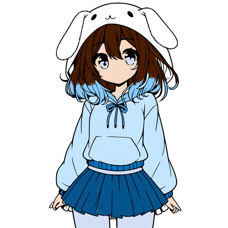 pretty anime girl wearing a fluffy hoodie with bunny ears on the hood and a skirt