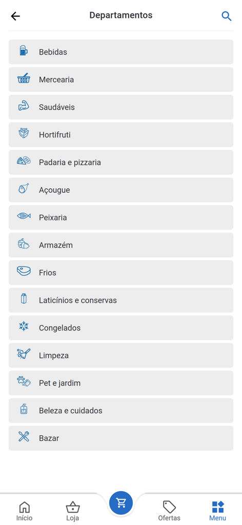 飲み物、精肉、洗剤などの食料品カテゴリーのリストが表示されたSpani Onlineアプリ
