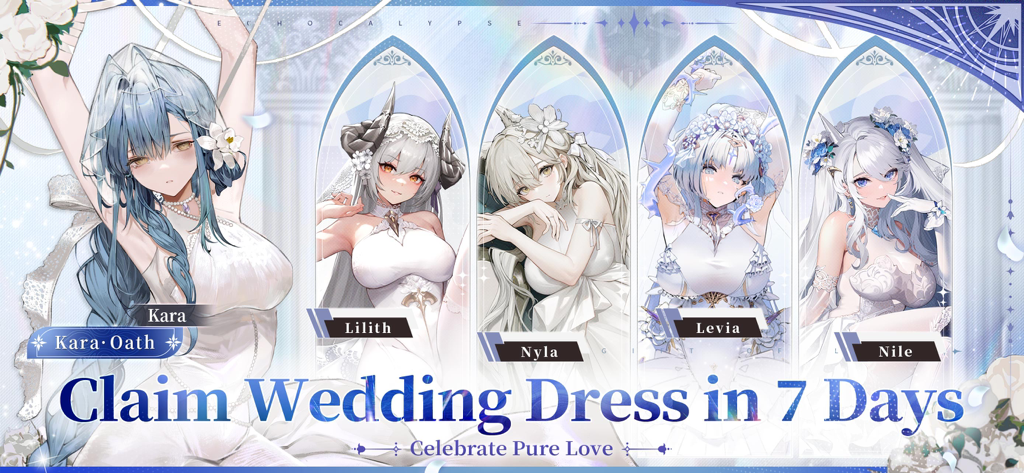 Five anime characters Kara Lilith Nyla Levia and Nile wearing white wedding dresses in Echocalypse Scarlet Covenant