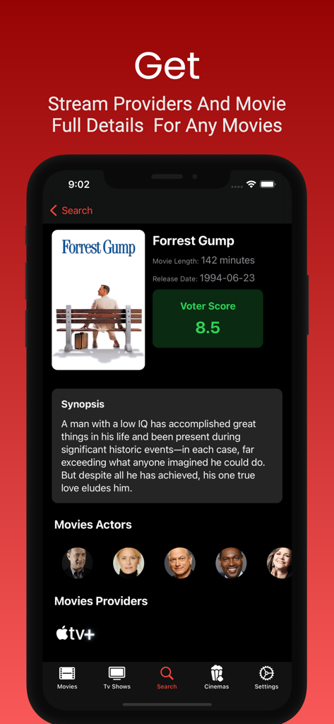 Bflix app screen showing details, ratings, cast, and streaming providers for the movie Forrest Gump.