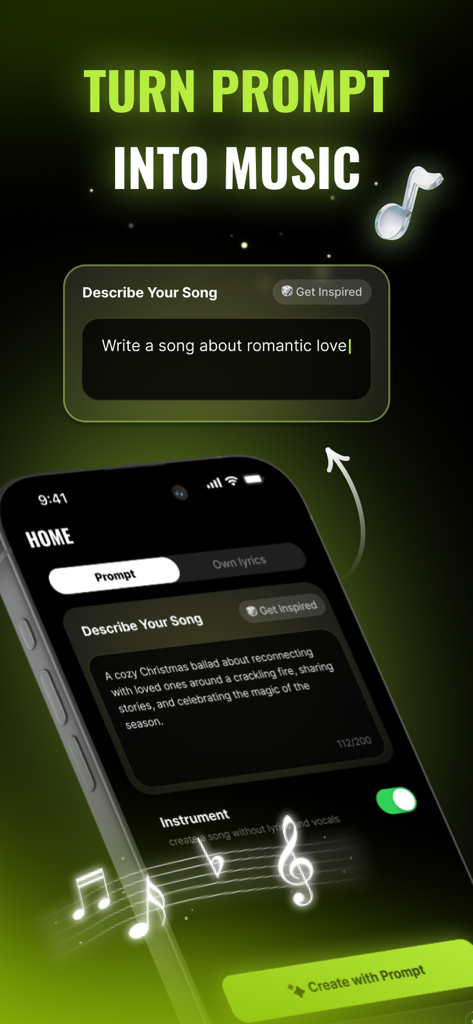 GenSong AI: Music Generator - Una interfaz de aplicación móvil para GenSong AI que muestra una indicación de texto utilizada para generar música.