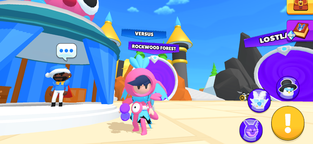 A character standing in a colorful 3D hub with portals to Rockwood Forest and Lostland.