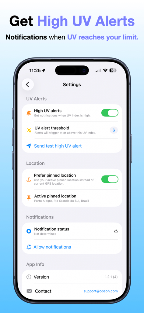 Settings menu of the UV Index Today app showing high UV alert and location configuration options