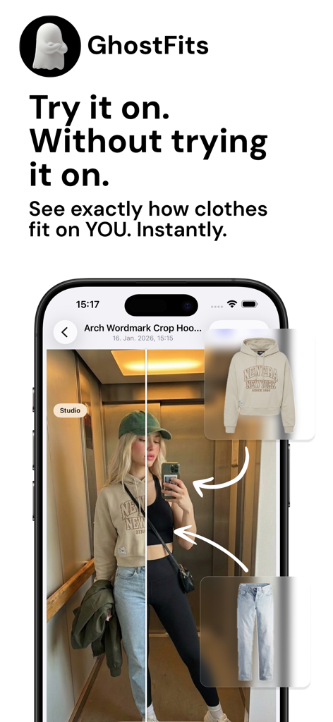 GhostFits - AI Wardrobe - GhostFits app displaying a virtual try on feature with AI overlaying a hoodie and jeans on a user mirror selfie
