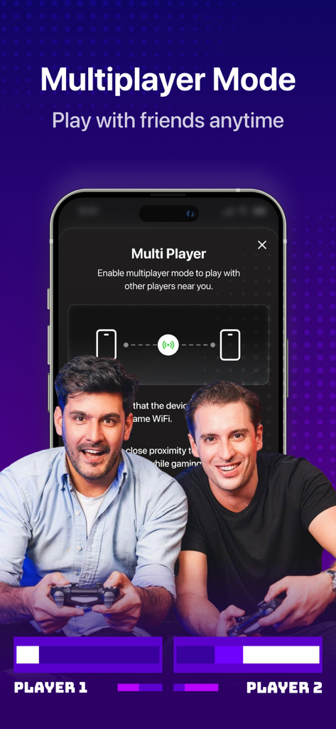 GBA, PSP, DS Game Emulator - Dos hombres usando la función de modo multijugador de la aplicación emuladora para jugar juntos en sus iPhones.