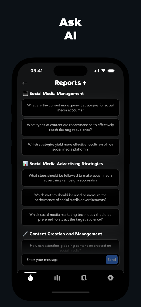 Gramly - Interfaz de la aplicación Gramly que muestra la guía de redes sociales con IA con sugerencias de gestión y estrategia publicitaria