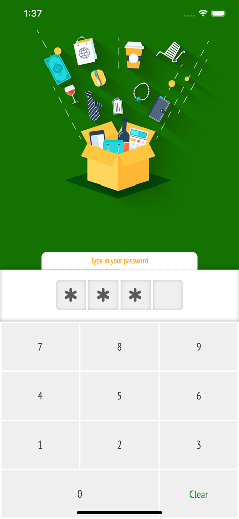 Pantalla de entrada de código PIN para la aplicación Expense Tracker mostrando un teclado numérico e iconos de gastos.