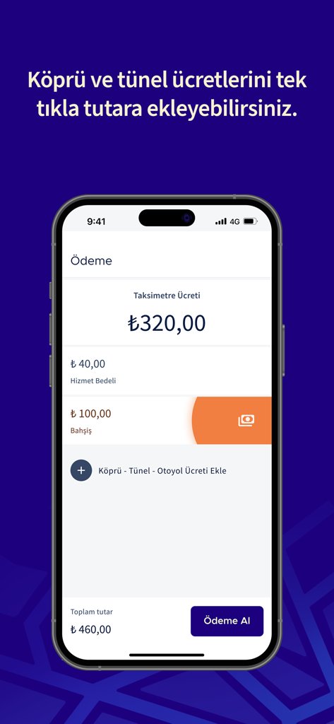 Bitaksi Sürücü Uygulaması - Pantalla de pago de la aplicación BiTaksi Driver que muestra el desglose de la tarifa, propinas y opciones de peajes