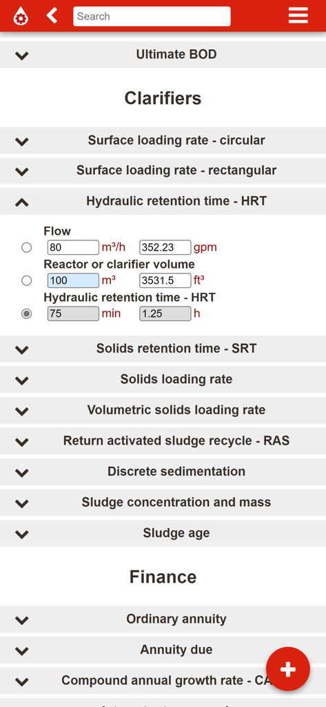 Interface de l'application Plutocalc Plus Water pour les calculs de temps de rétention hydraulique des clarificateurs