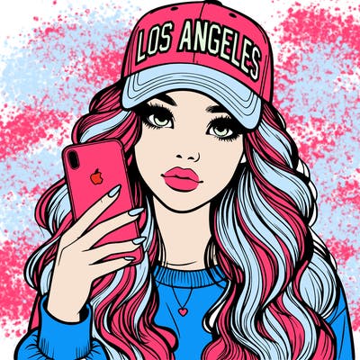 realistic beautiful girl wearing los ángeles cap holding an iphone