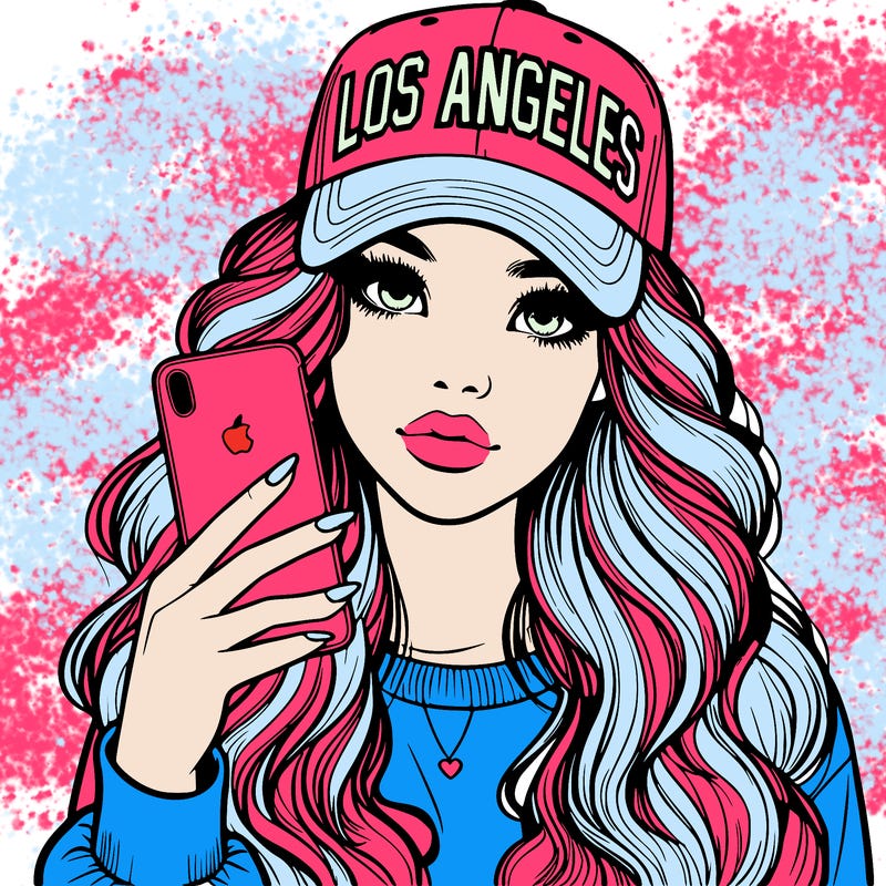realistic beautiful girl wearing los ángeles cap holding an iphone