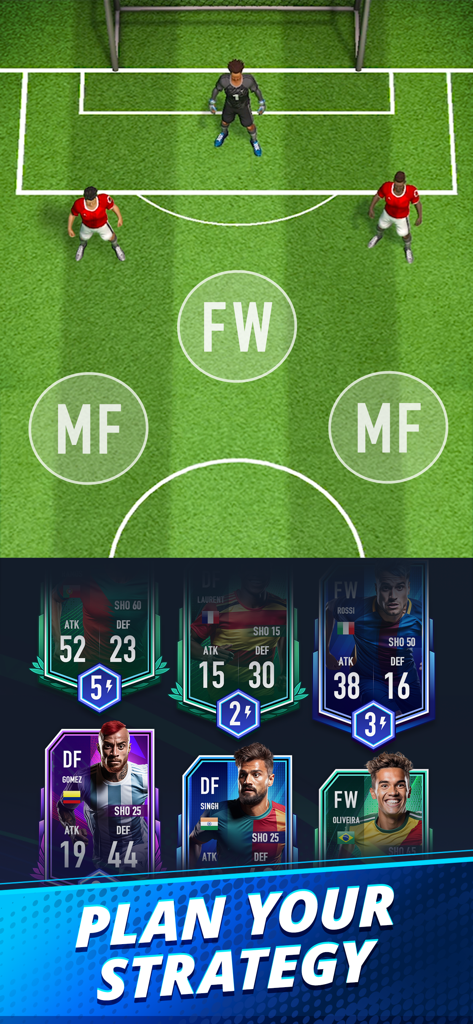 Soccer Duel: PvP Football Game - Soccer Duel strategy interface showing player cards and pitch formation