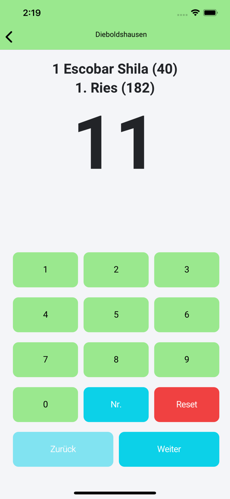 Hornussen - Oberfläche der Hornussen-App zur Eingabe von Live-Spielergebnissen