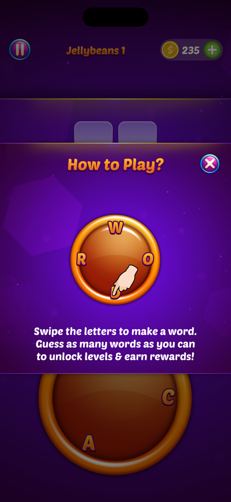 Tutorial screen of Word Candy game explaining how to swipe letters to form words on a wheel.