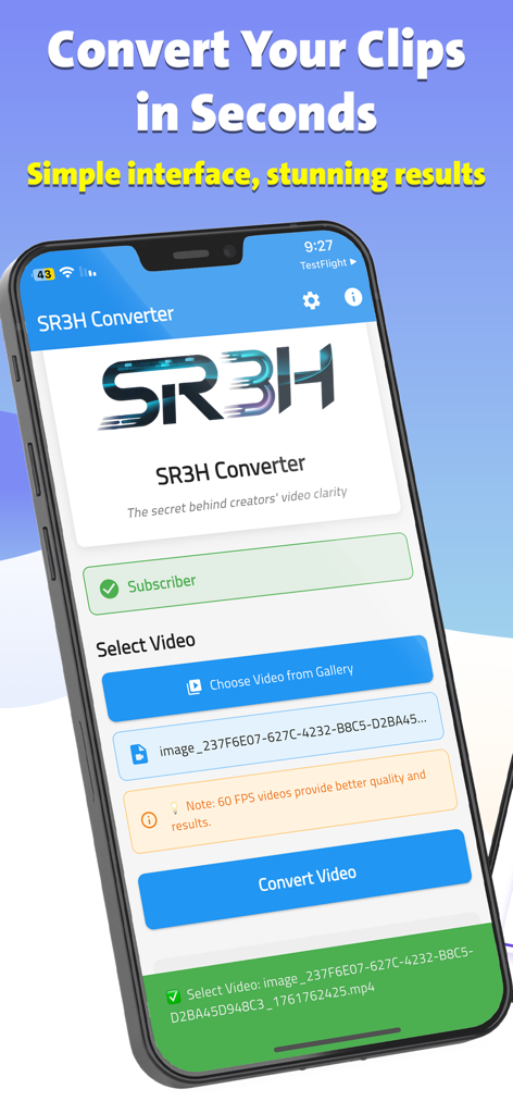 SR3H Video Converter - Interfaz de la aplicación SR3H Video Converter mostrando opciones para seleccionar y convertir videos a sesenta FPS para calidad en redes sociales