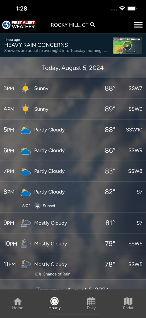 Pronóstico del tiempo por horas para Rocky Hill Connecticut en la aplicación WFSB First Alert Weather