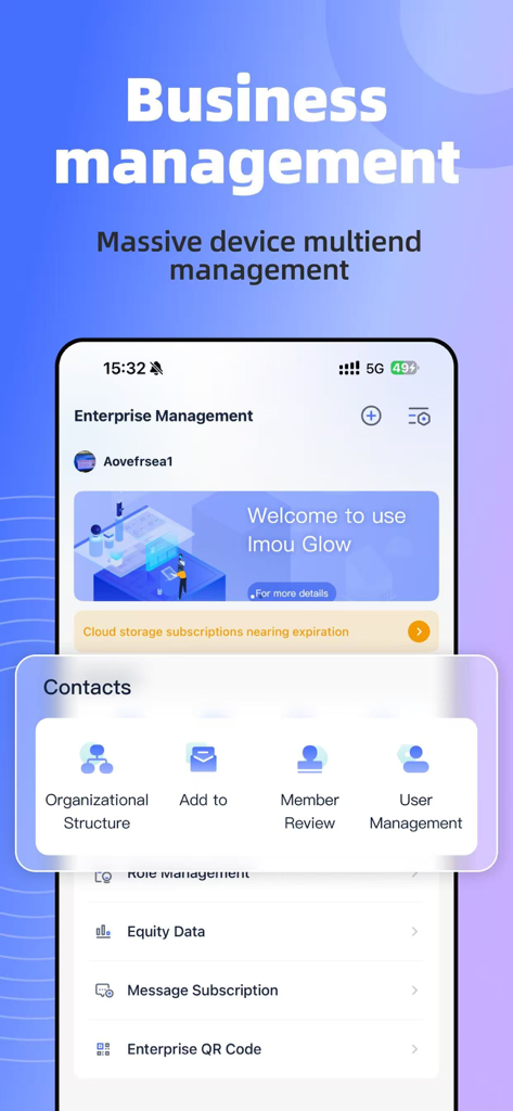 IMOU GLOW - Interfaz de la aplicación IMOU GLOW que muestra herramientas de gestión empresarial para la estructura organizativa y los permisos de usuario.