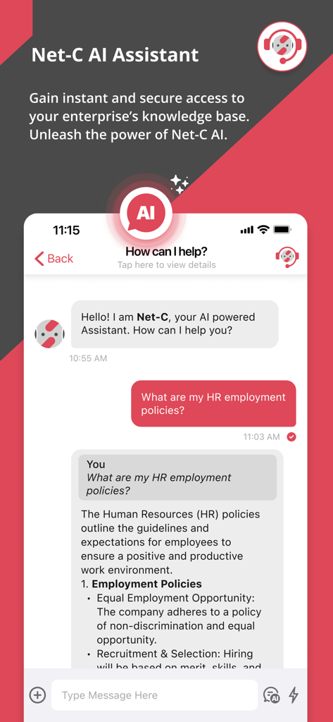 NetSfere Secure Messaging - Interface of the Net-C AI Assistant within the NetSfere app providing secure access to an enterprise knowledge base