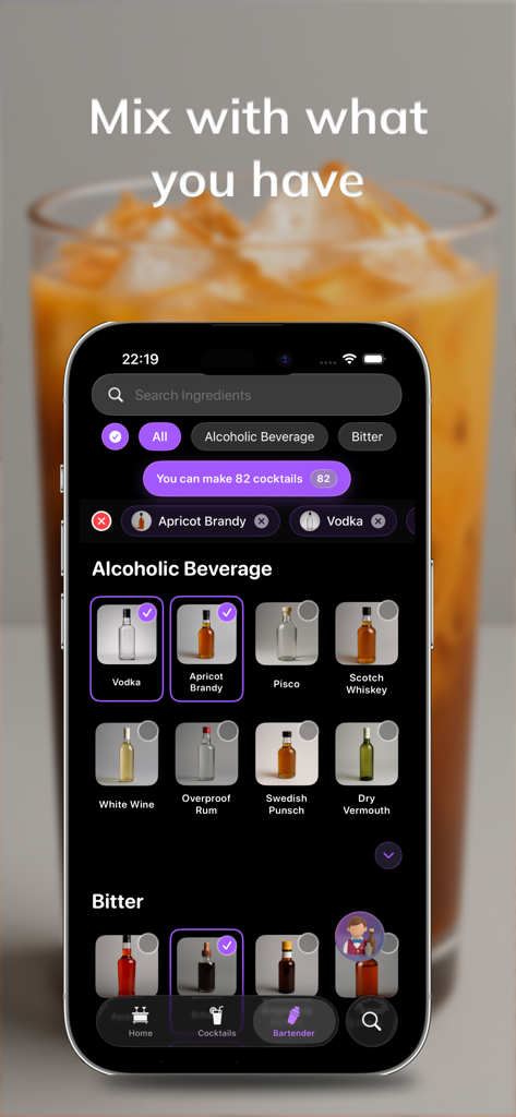 Mixly: Cocktail Recipes - A smartphone display of the Mixly app showing the ingredient selection screen where users can choose spirits like vodka and apricot brandy to find matching cocktail recipes