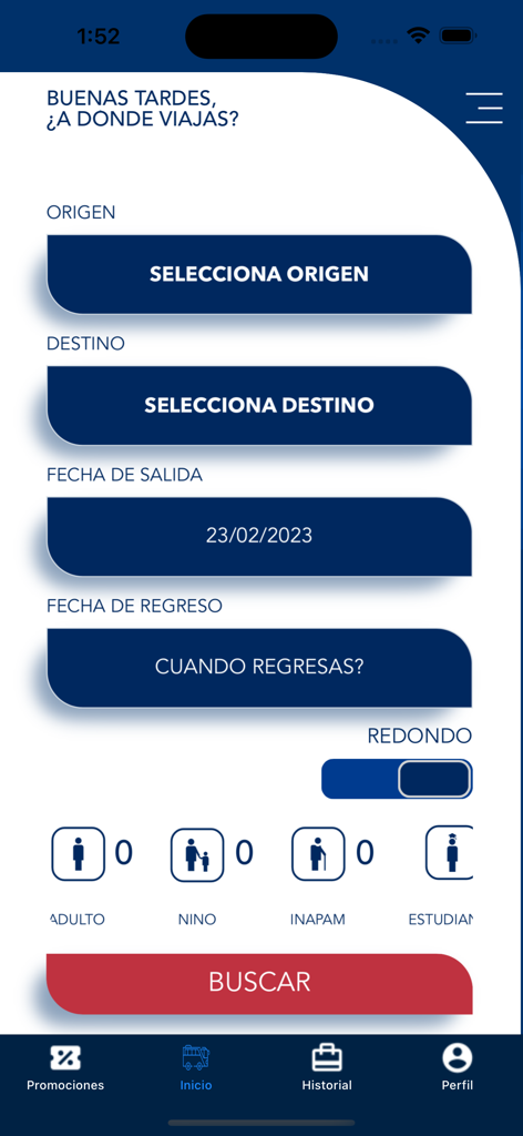 Bus trip search interface on the Omnibus de Mexico app showing fields for origin destination and passenger selection