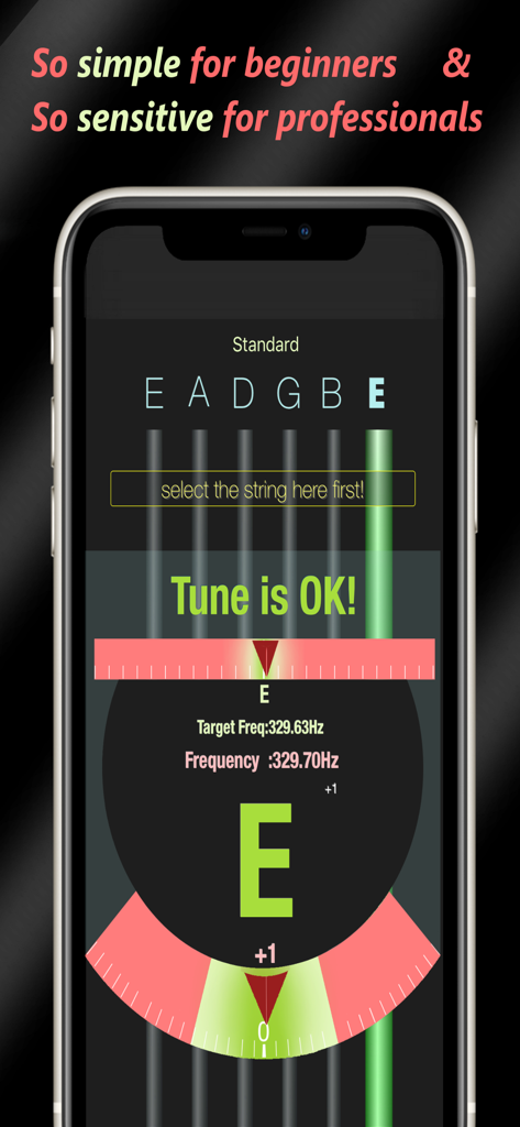 Interfaz de la aplicación Afinador de Guitarra mostrando una cuerda de guitarra afinada con detalles de frecuencia y un medidor de aguja