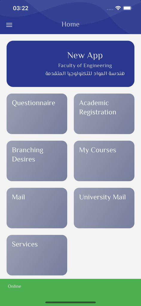 Panel de inicio de la aplicación MyU Student Portal con módulos académicos y de registro.