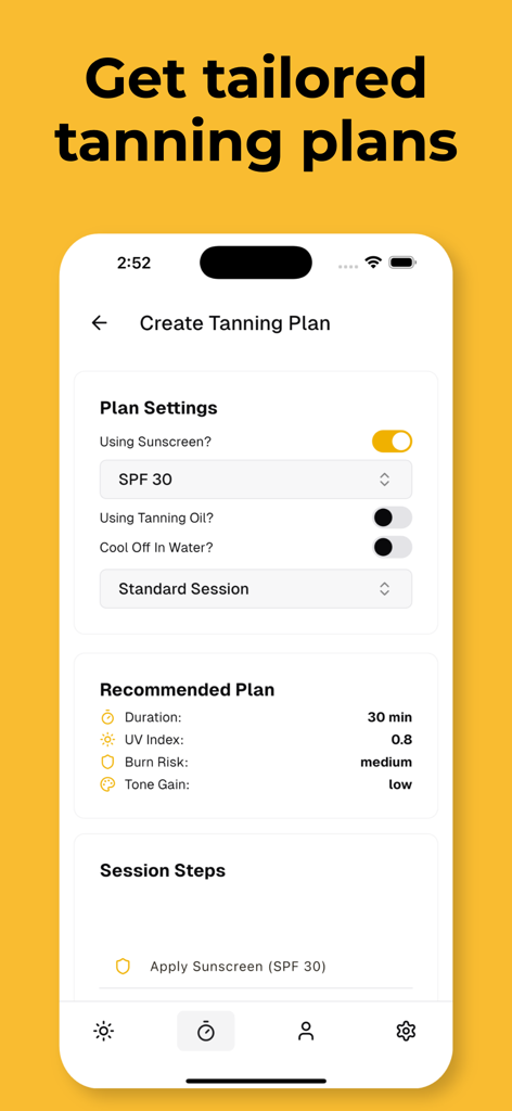 UV Tan: Tanning & Sun Tracker - Interface for creating a tailored tanning plan with sunscreen settings and session recommendations