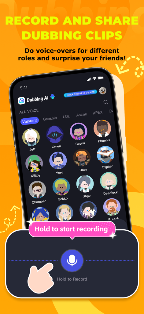Dubbing AI app screen showing Valorant character voice options and a recording button