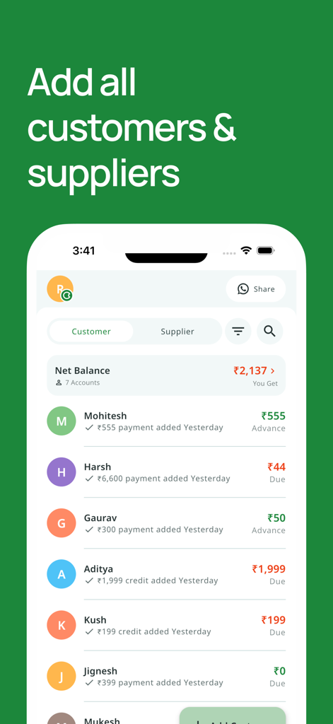 OkCredit - Udhar Bahi Khata - Smartphone screen displaying OkCredit app ledger with customer and supplier balance details.