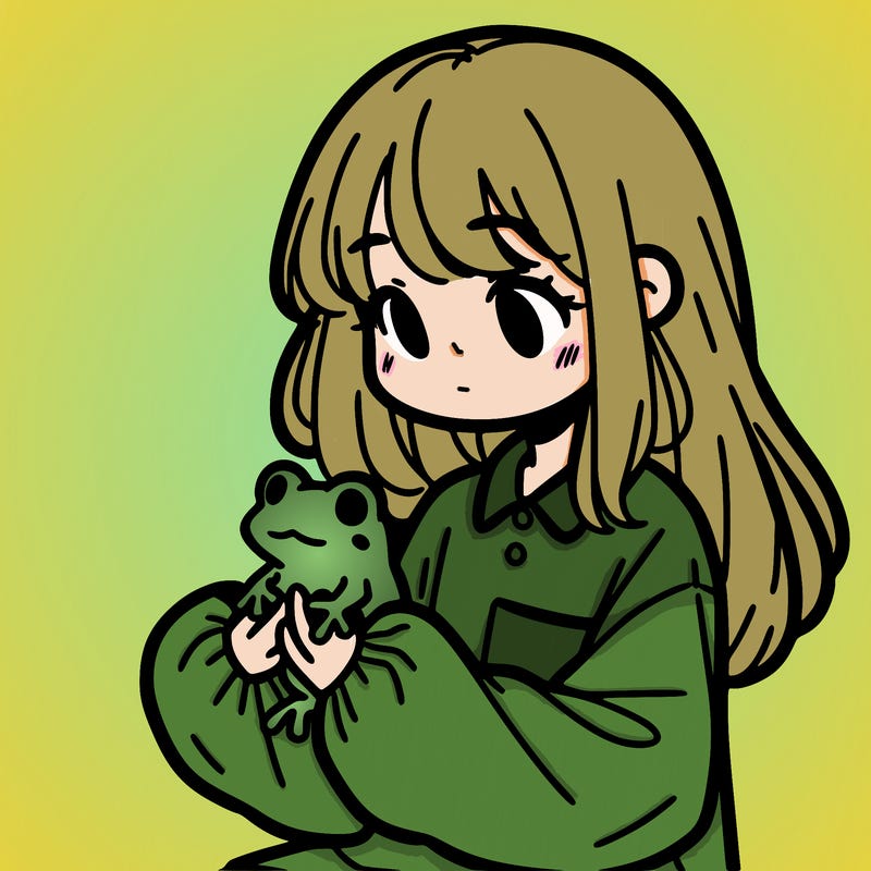 girl with long hair and a oversized shirt. and she is holding a frog