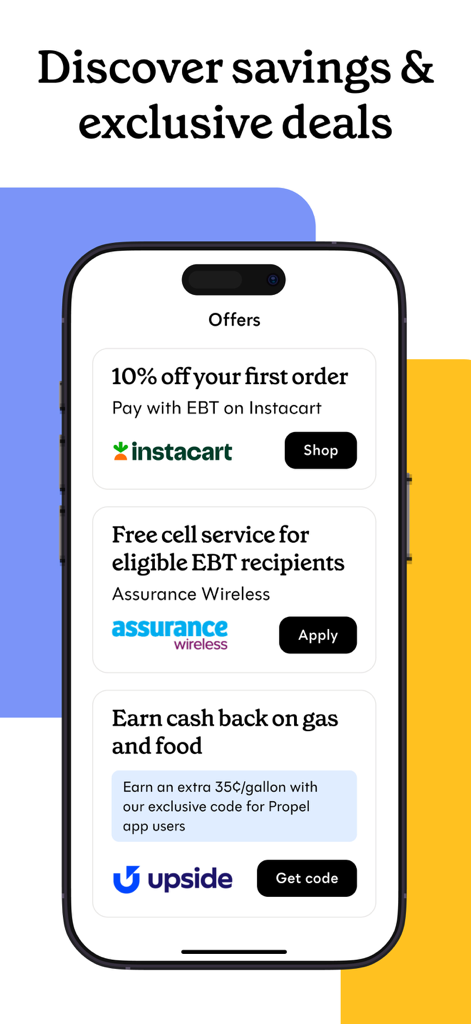 Propel app interface showing exclusive savings and deals for EBT cardholders