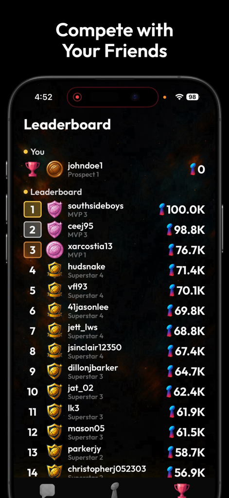 A mobile phone displaying the leaderboard screen of the Gridiron Trivia app where users compete for high scores