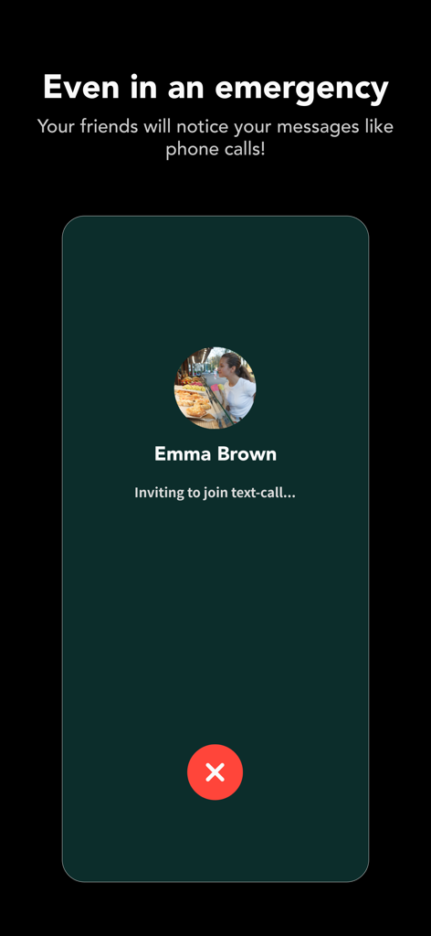 A mobile app interface showing an incoming text-call request from a contact for urgent messaging