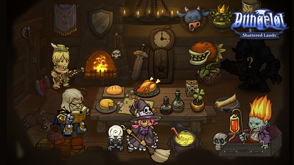 Quatre classes de personnages jouables et divers objets rassemblés dans une taverne de Dungelot Shattered Lands