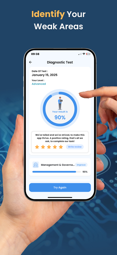 A mobile screen showing the diagnostic test results of the AZ-900 practice app with a 90 percent score and a breakdown of performance by topic.