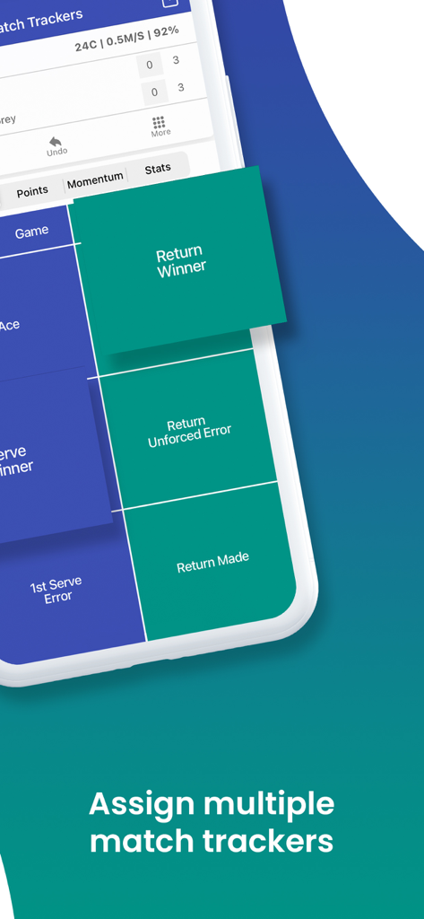 IONSport (iOnCourt) - Mobile app interface of iOnCourt showing buttons to track tennis statistics like return winners and serve errors