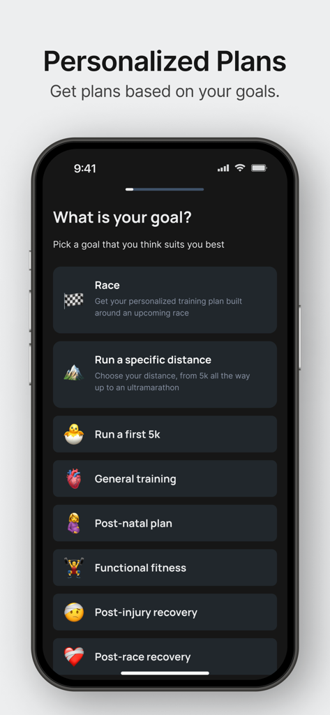 Runna: Running Plans & Coach - Runnaアプリのインターフェース。様々なパーソナライズされたランニング目標とトレーニングプランのオプションを表示しています。