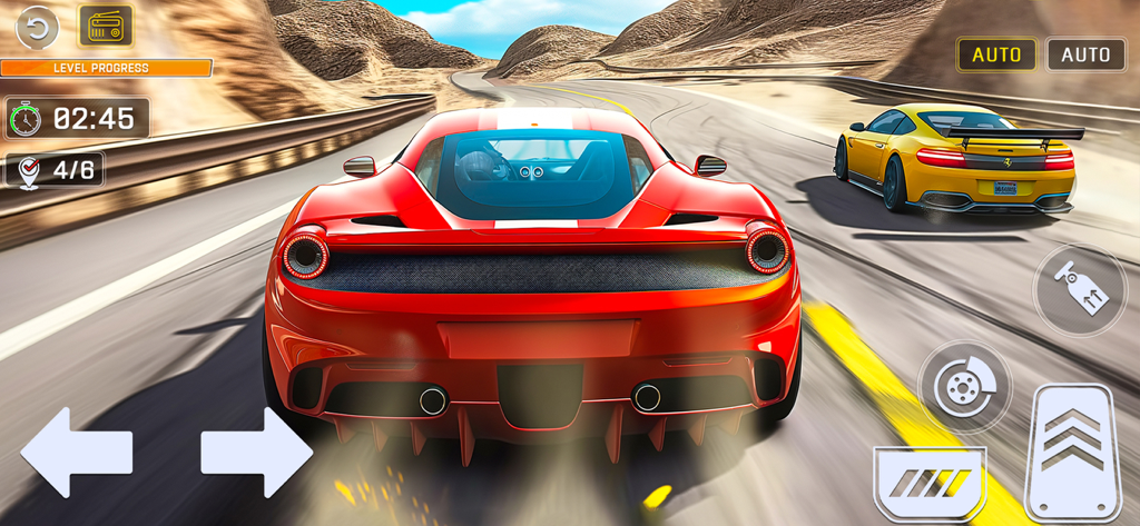 Fast Car Racing Car Games 3d - Coche deportivo rojo compitiendo en una carretera desértica sinuosa en un juego móvil 3D