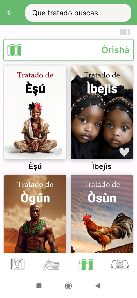 Interface do aplicativo móvel exibindo uma biblioteca de eBooks religiosos Yoruba incluindo tratados para Esu Ibejis Ogun e Osun.