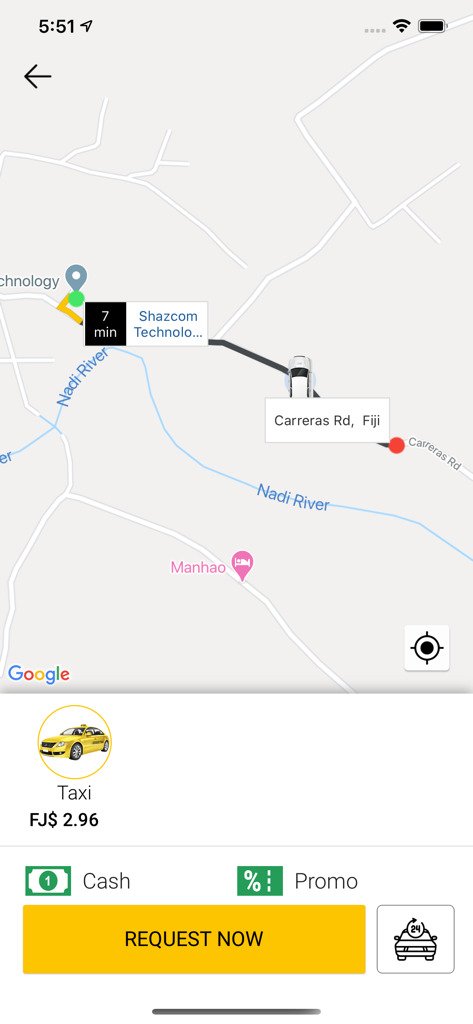 FIJI CABS app interface showing a map with a taxi route and a request now button