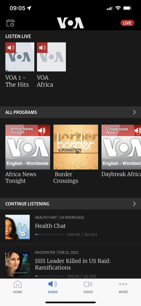 Voice of America app audio interface with live streams and news podcasts