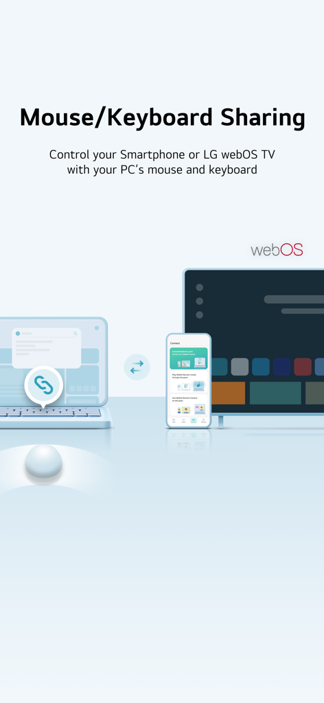 Graphic illustrating LG gram Link's mouse and keyboard sharing feature between a laptop, smartphone, and LG webOS TV.