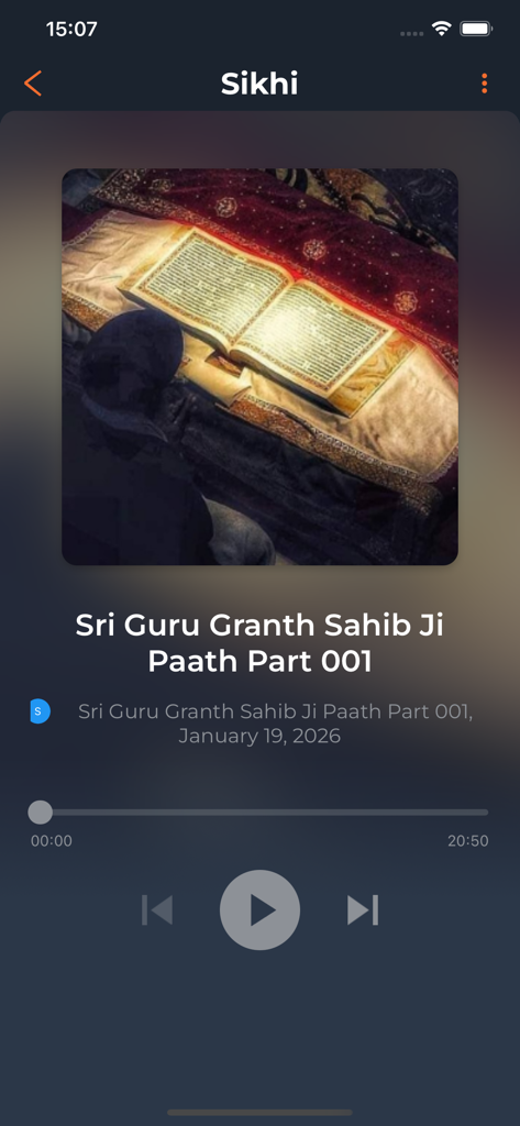 SIKHI - Interface do reprodutor de áudio do aplicativo SIKHI para Sri Guru Granth Sahib Ji Paath