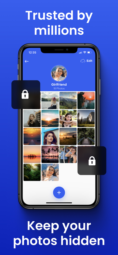 Private Photo Vault app interface showing a locked photo gallery with the caption Keep your photos hidden.