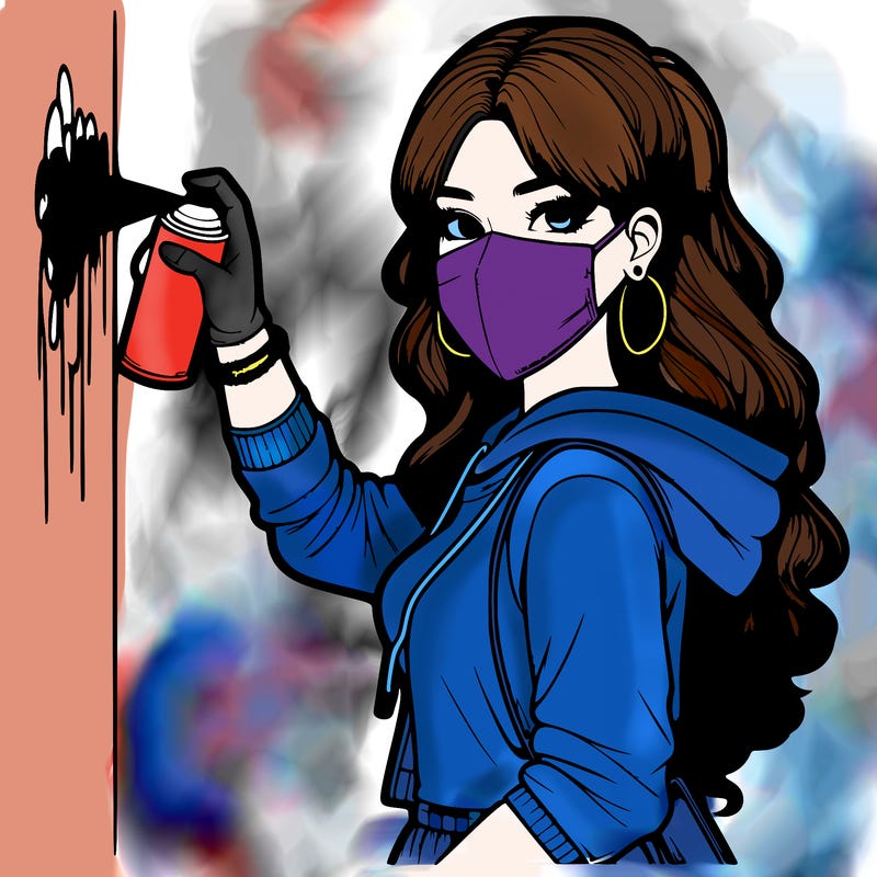 realistic girl with mask spray painting a wall