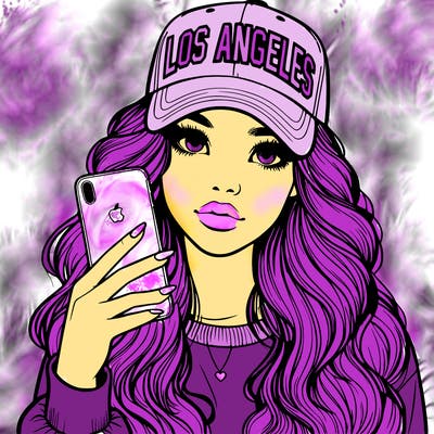 realistic beautiful girl wearing los ángeles cap holding an iphone