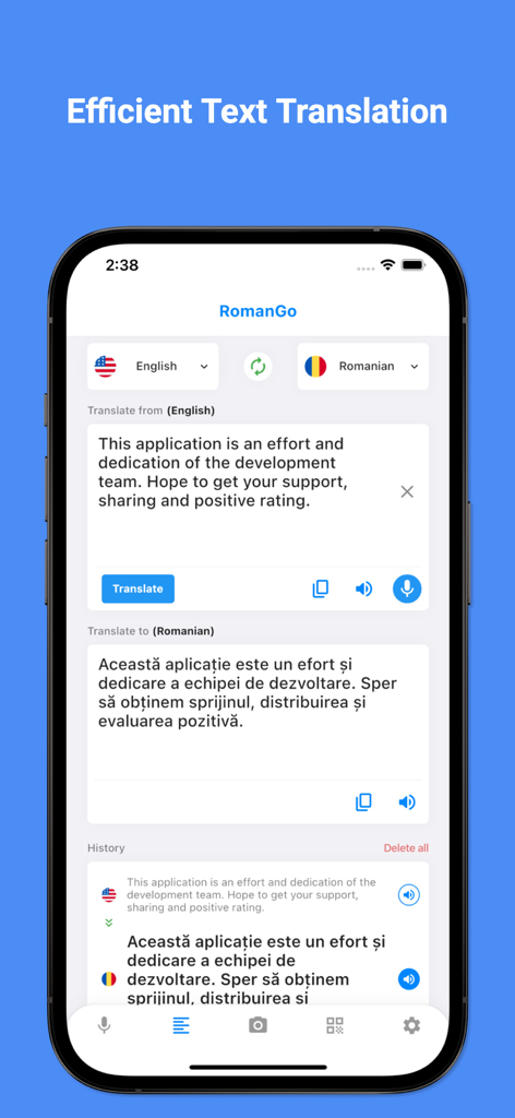 Romanian Translator Pro + - Une interface mobile de l'application RomanGo montrant une traduction de texte de l'anglais vers le roumain.